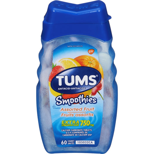 TUMS Smoothies Extra Strength Assorted Fruit Chewable Tablets, 60 Count