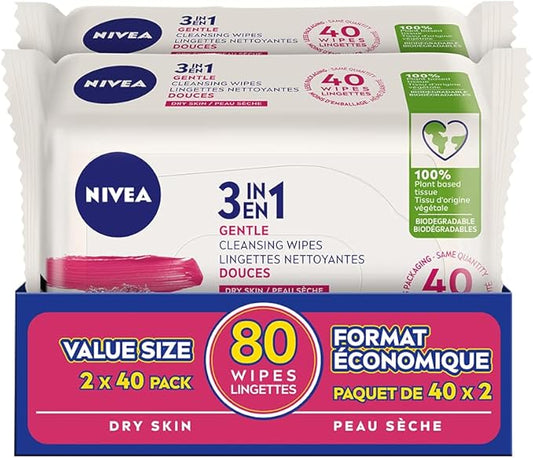 3-in-1 Biodegradable Cleansing Wipes for Dry Skin - 80 Pack