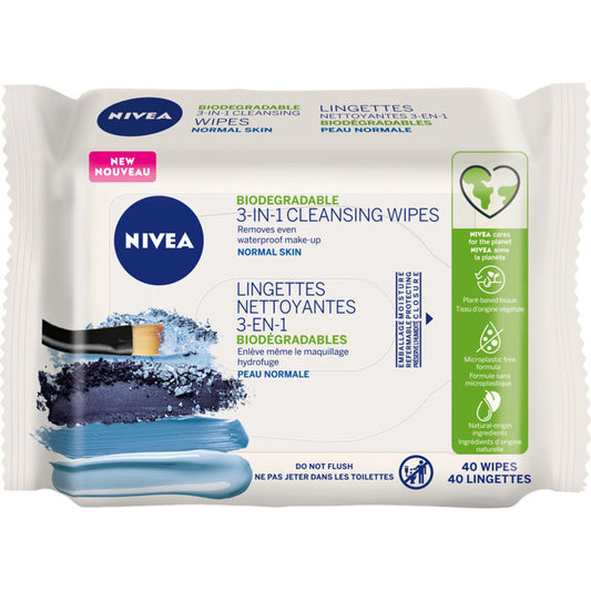 3-in-1 Biodegradable Cleansing Wipes for Normal Skin - 40 Pack