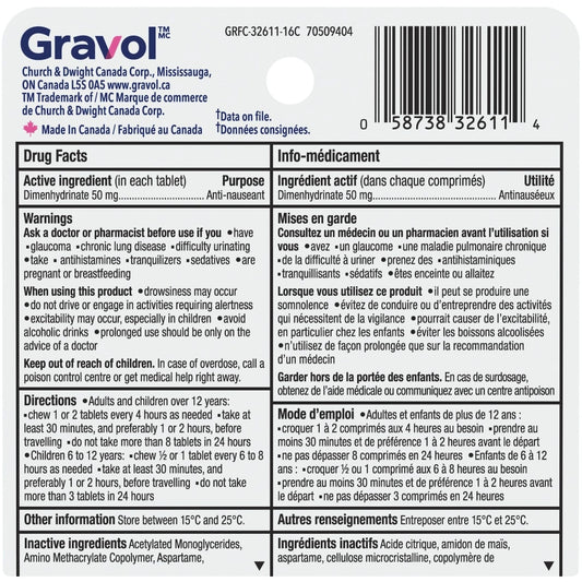 Gravol Motion Sickness Chewable Tablets 50mg - 8 Tablets