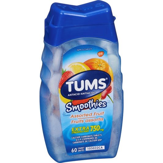 TUMS Smoothies Extra Strength Assorted Fruit Chewable Tablets, 60 Count