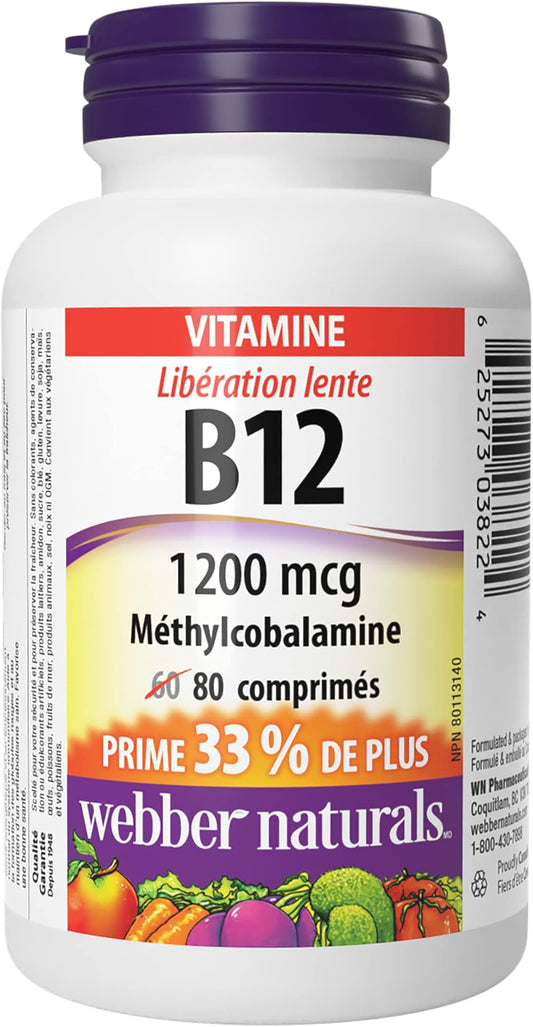 Vitamin B12 Methylcobalamin 1200mcg Timed Release Tablets 80 Count