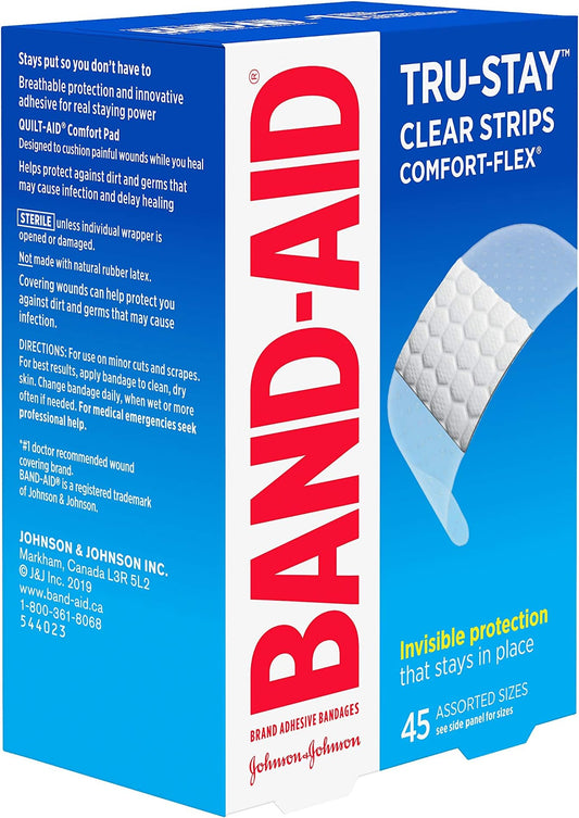 Clear Adhesive Bandages, Assorted Sizes, 45-Pack