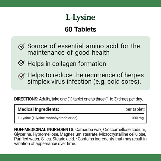 L-Lysine 1000mg Tablets – 60 Count