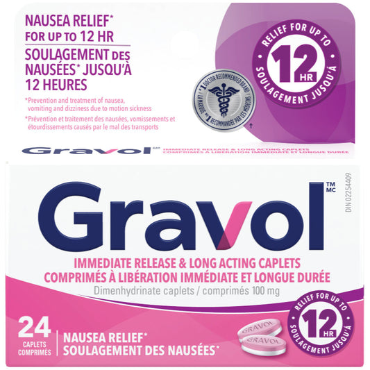 Gravol Long Acting Motion Sickness Caplets, 24 Pack