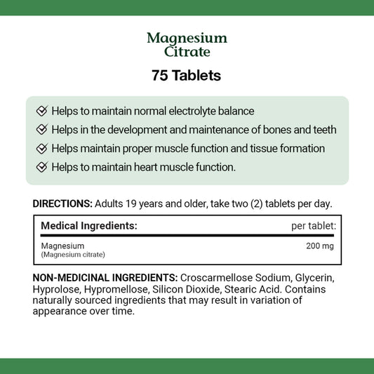 Magnesium Citrate 200mg, 75 Tablets