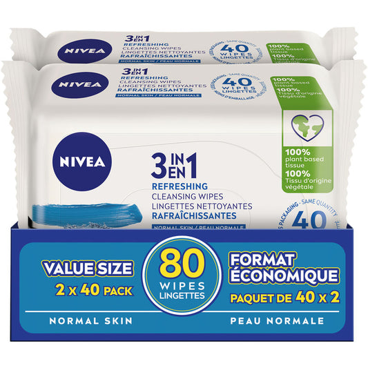3-in-1 Biodegradable Cleansing Wipes for Normal Skin - 80 Pack