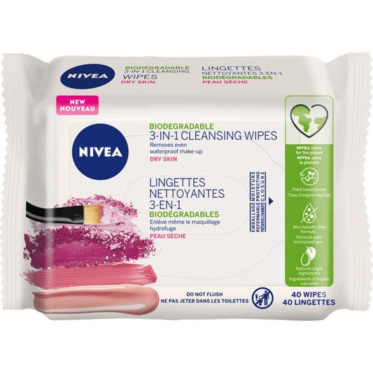 Biodegradable 3-in-1 Cleansing Wipes for Dry Skin, 40 Pack